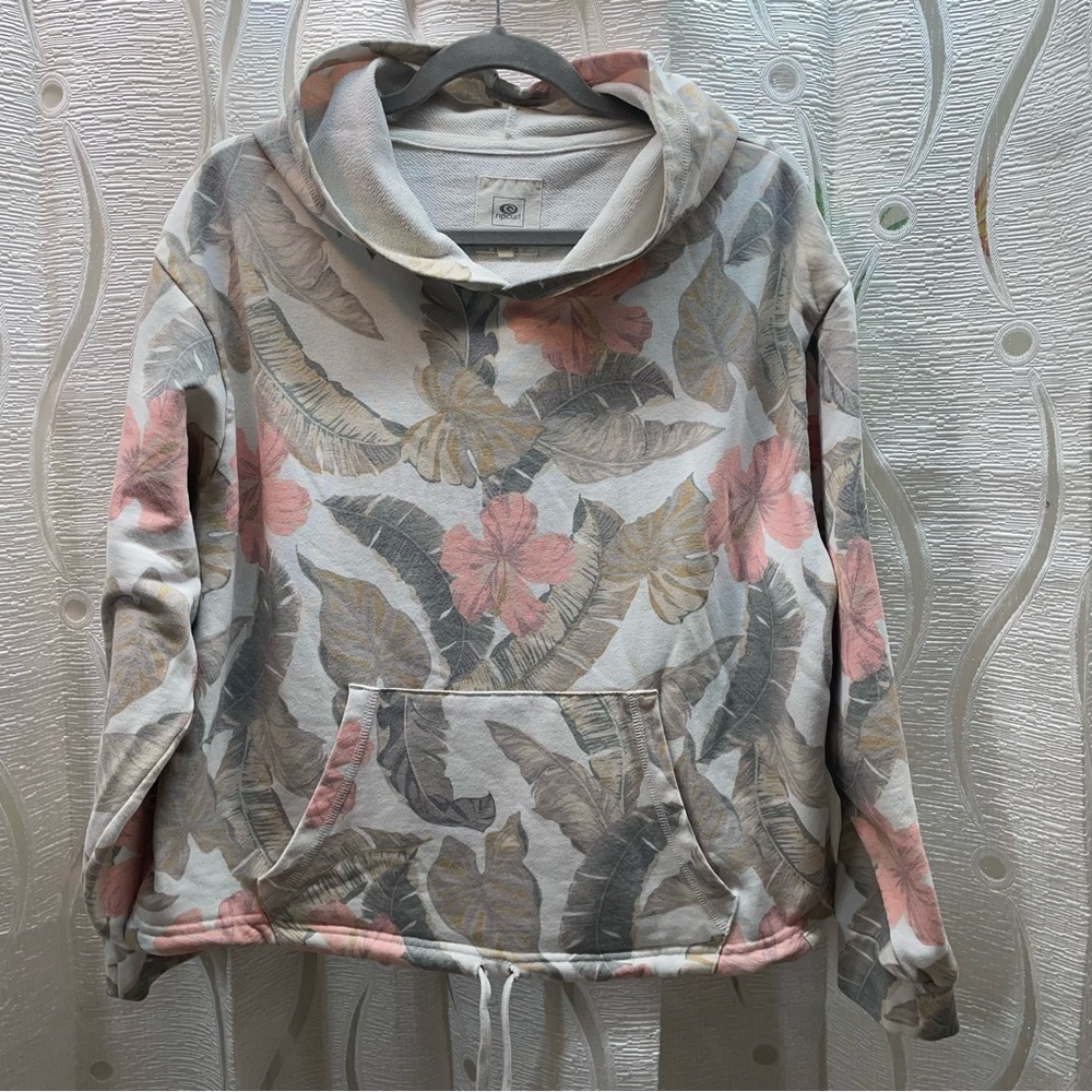 Rip Curl Hoodie Women‎ Medium White Pink Tropical Floral Palm GFEC37 Pullover